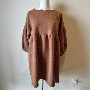 Simply Southern Brown Quilted Oversized Textured Dress 3/4 Sleeve Small